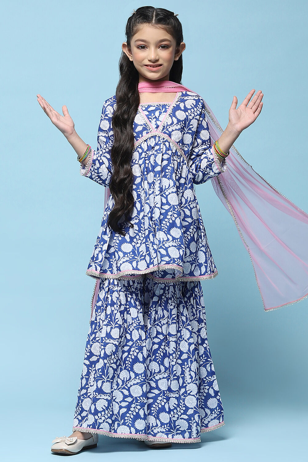 Blue Printed Cotton Peplum Kurta & Garara With Net Dupatta image number 0