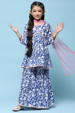 Blue Printed Cotton Peplum Kurta & Garara With Net Dupatta image number 0