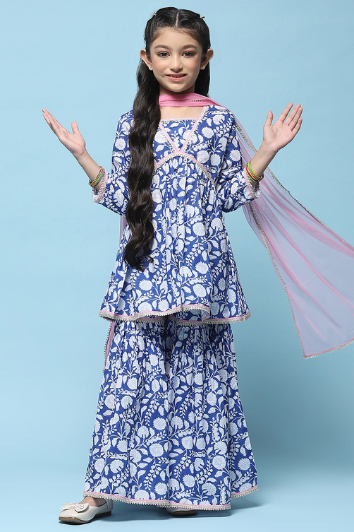 Blue Printed Cotton Peplum Kurta & Garara With Net Dupatta image number 0