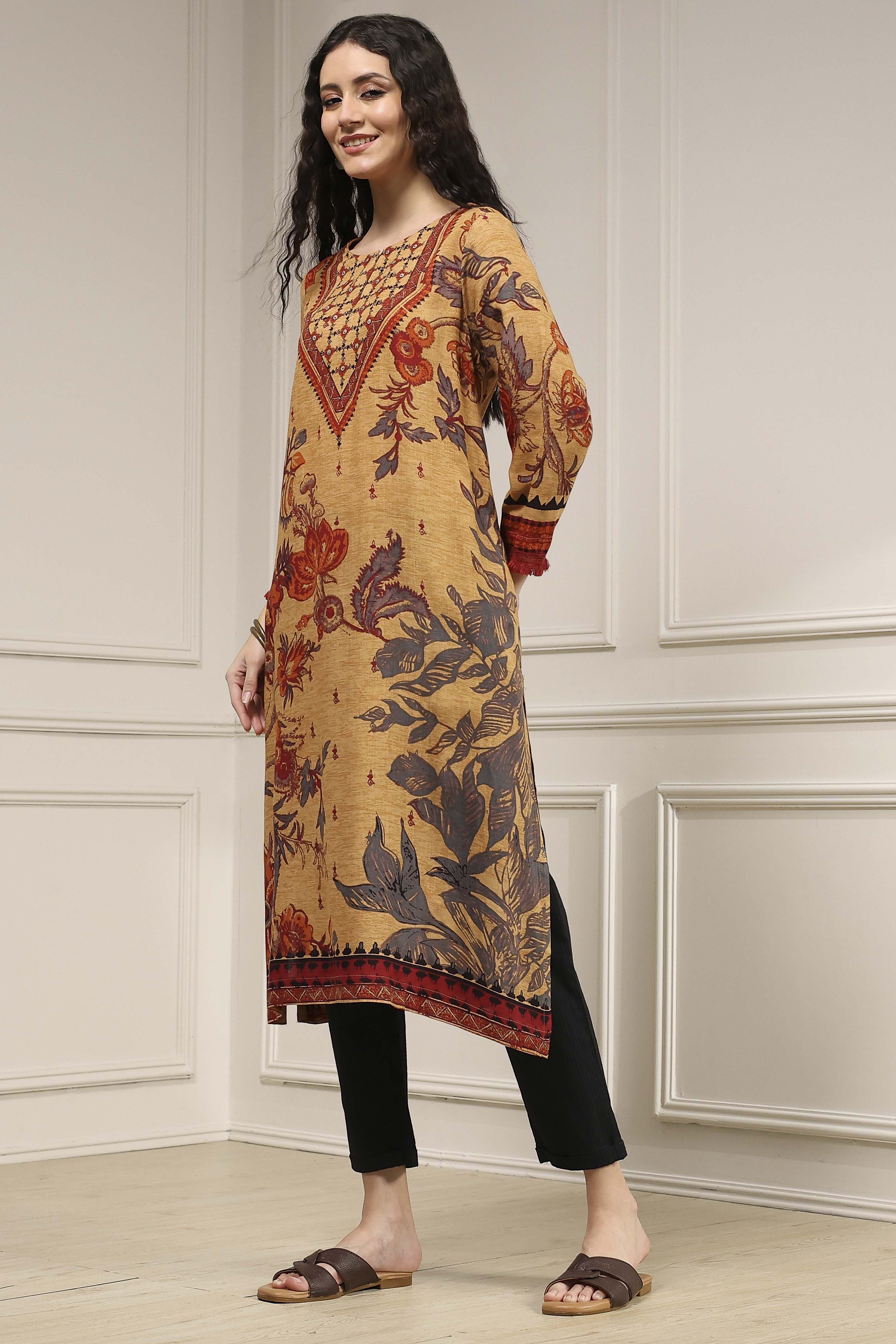 Beige Printed Straight Kurta image number 2