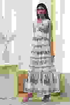 Off-White and Blue Cotton Floral Tiered Dress image number 2