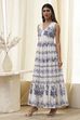 Off-White and Blue Cotton Floral Tiered Dress image number 2