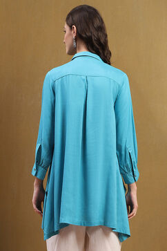 Turquoise Solid Asymmetric Short Kurta image number 3