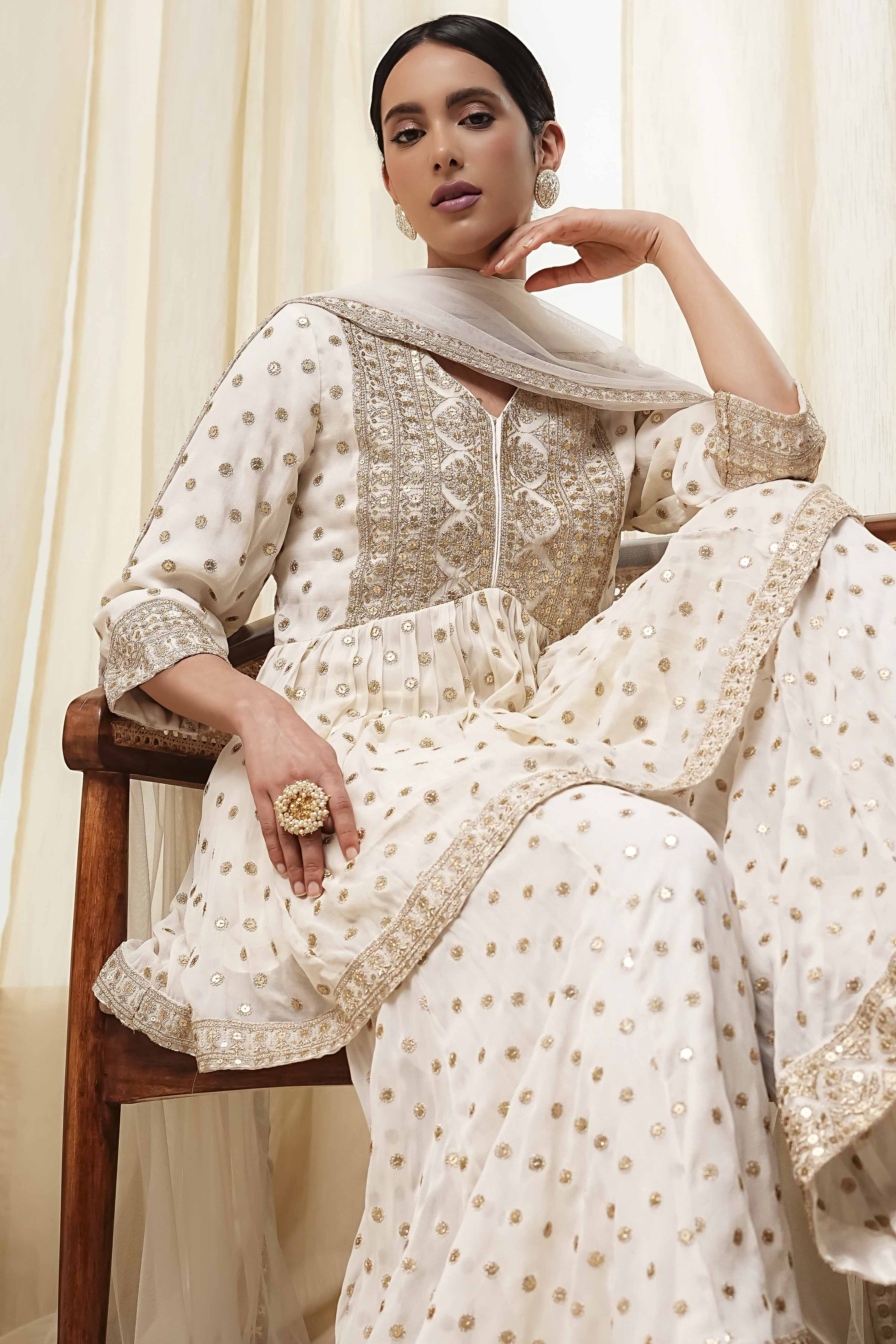 Ivory Georgette Embroidered Peplum Suit Set image number 1