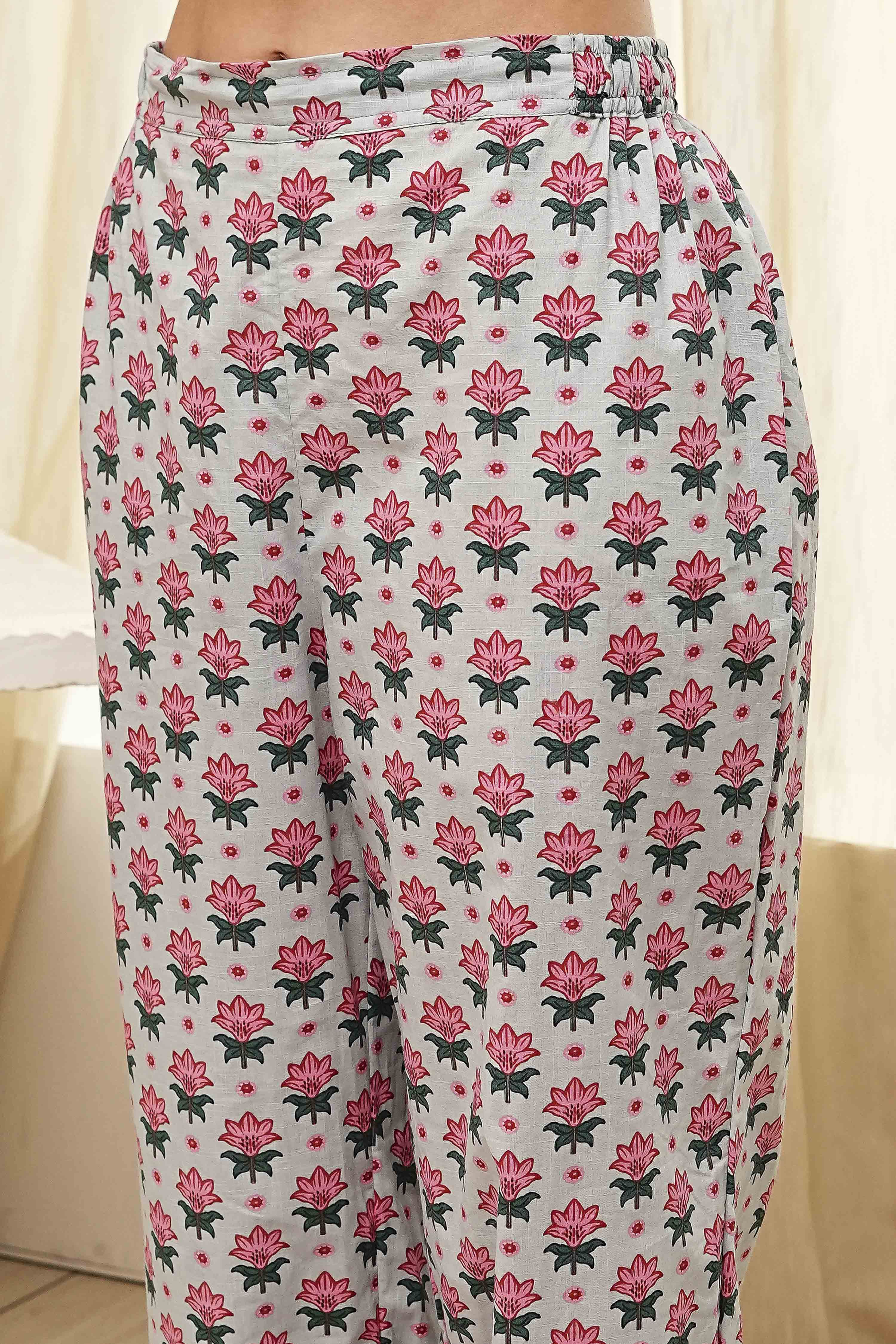 Blue and Pink Cotton Printed Straight Kurta Set image number 2