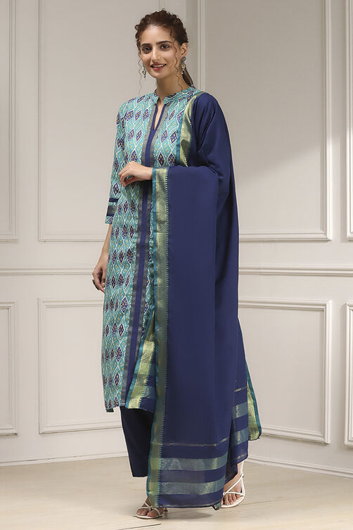Blue Cotton Modal Digital Print Unstitched Suit Set image number 4