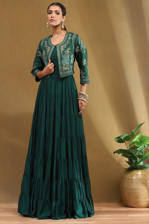 Emerald Green Silk Festive Tiered Anarkali Dress image number 0