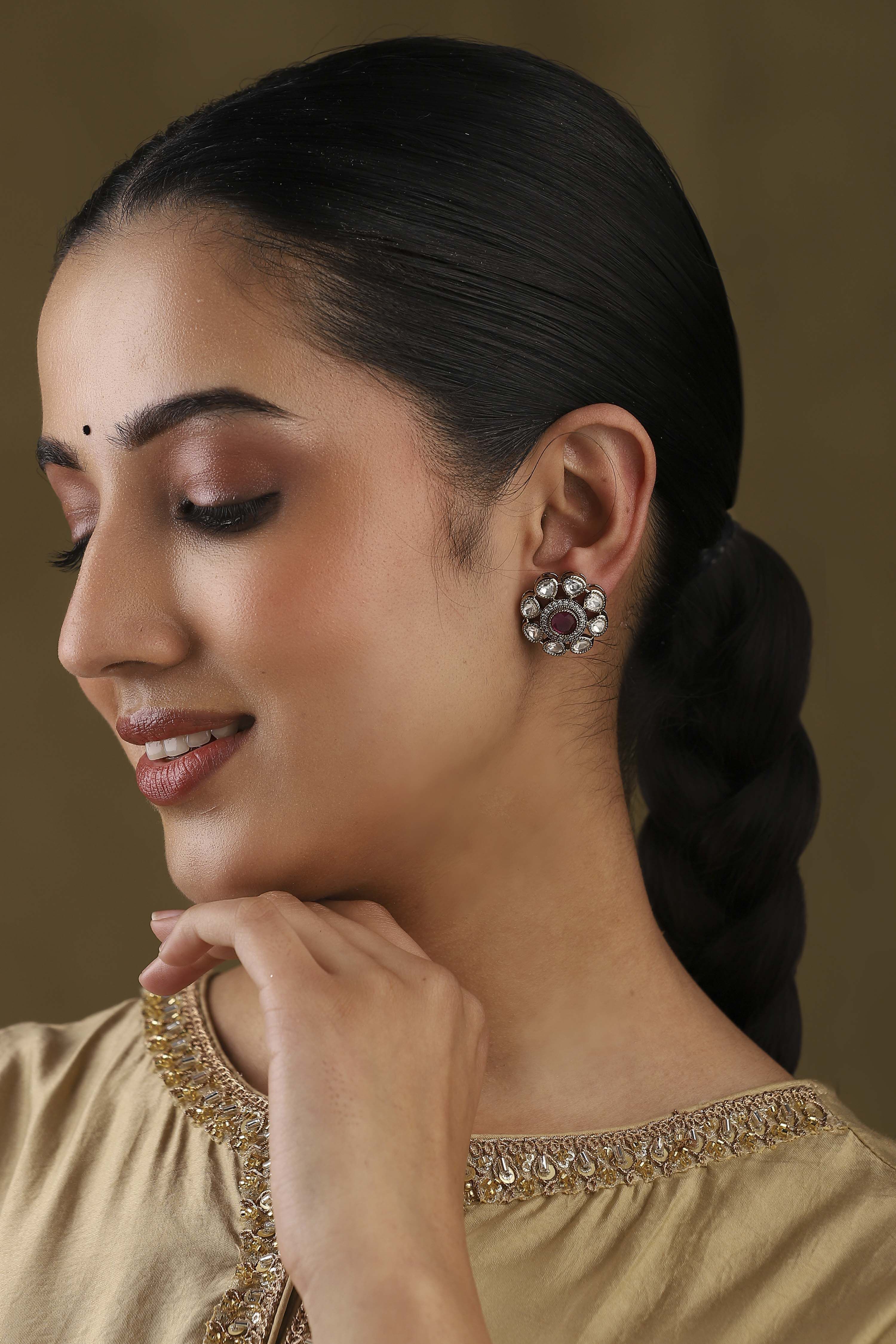 Pink Gold Plated Brass Floral Stud Earrings image number 3
