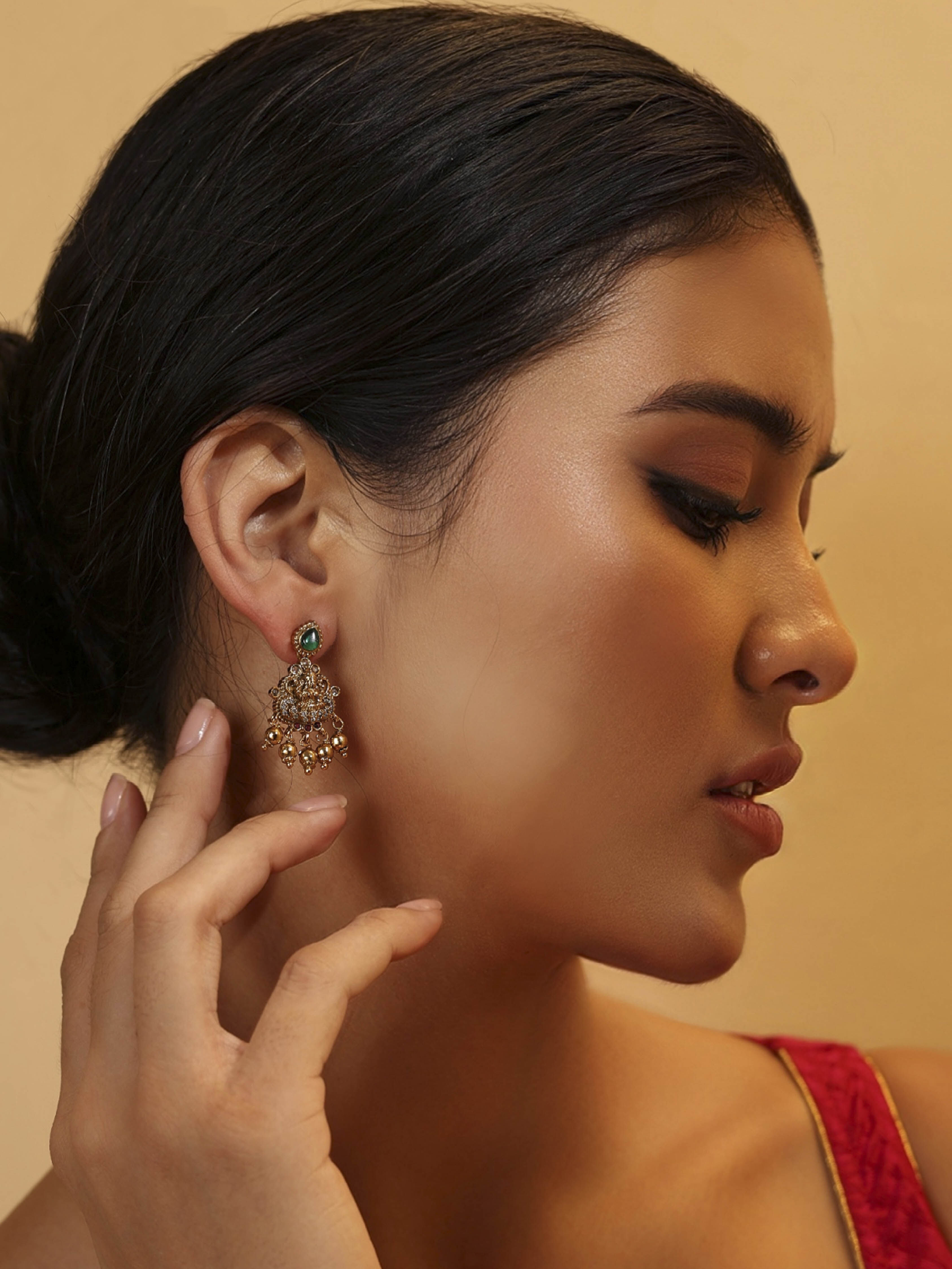 Green Brass Gold Plated Drop Earrings image number 1