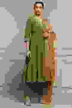 Green Embroidered Angrakha Festive Anarkali Suit Set image number 5