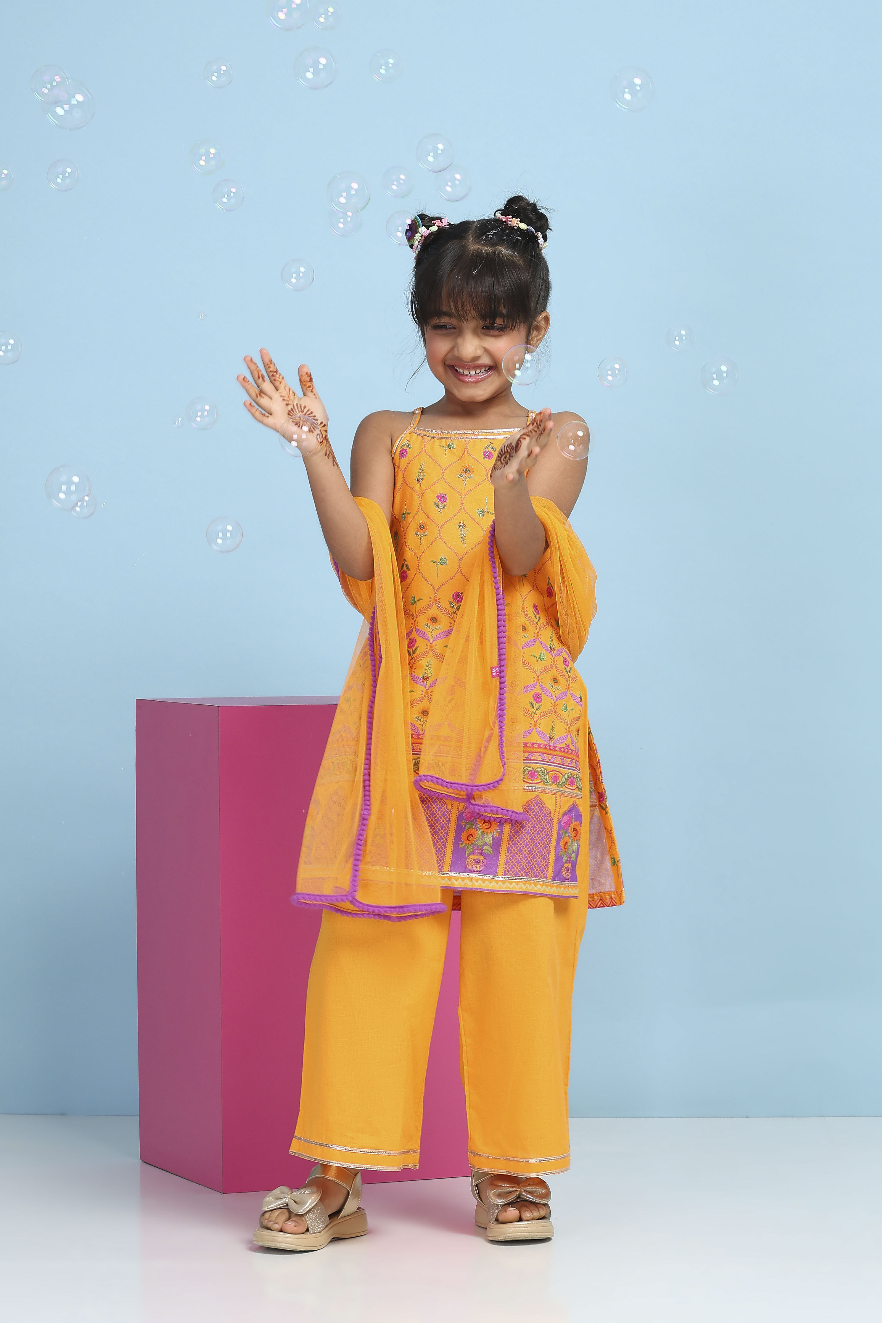 Orange Cotton Printed Straight Suit Set image number 7