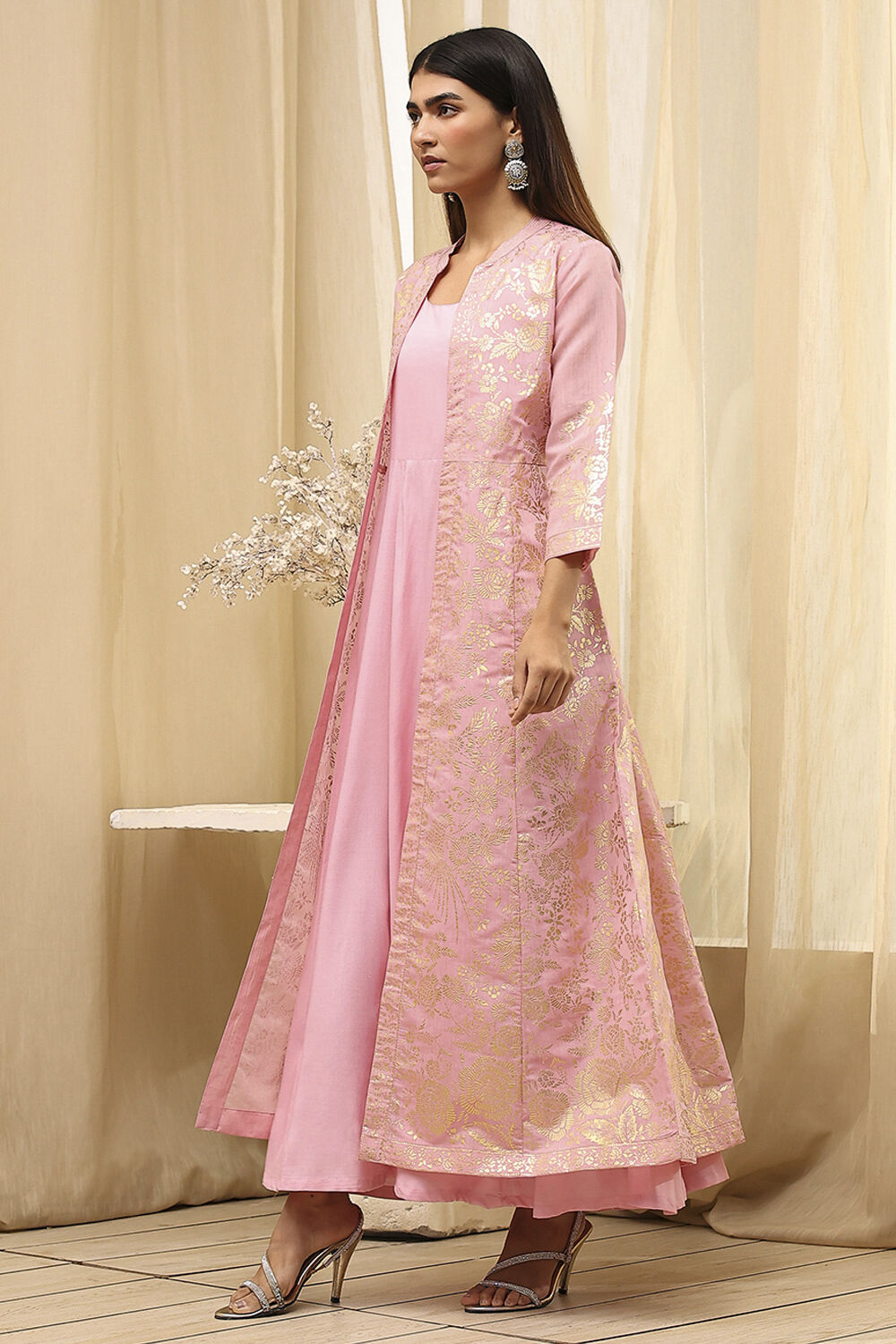 Earthy Brown Printed Layered Cape Dress image number 4