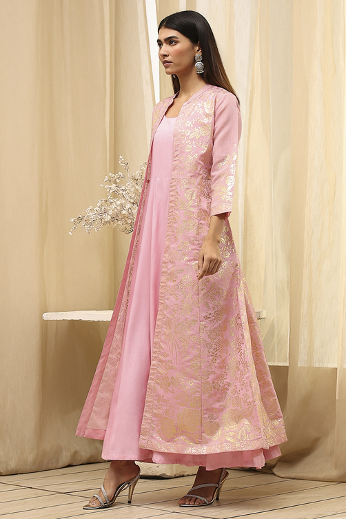 Earthy Brown Printed Layered Cape Dress image number 4