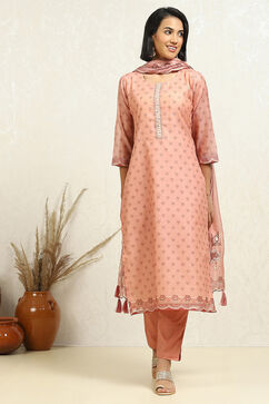 Peach-Toned Chanderi Floral Printed Unstitched Suit Set image number 7