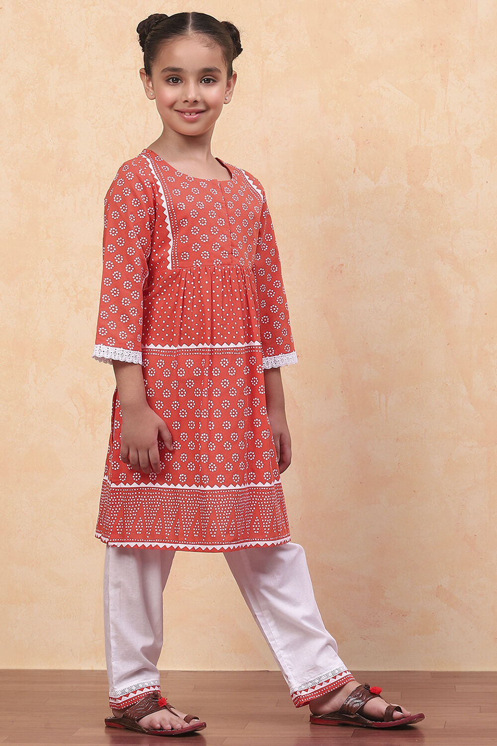 Orange and White Cotton Printed Straight Kurta Set image number 5