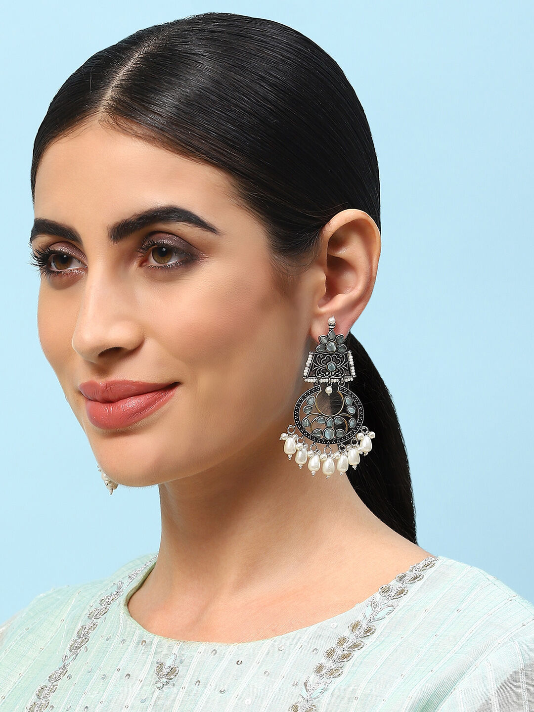 Oxidised Mint Brass Earrings image number 3