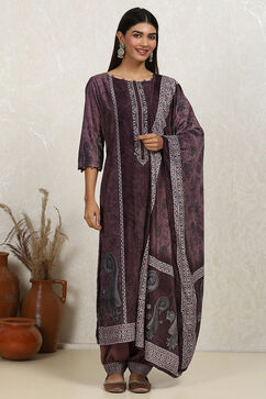 Purple Velvet Digital Print Unstitched Suit Set image number 7