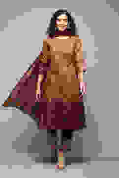 Choco Brown Cotton Blend Straight Printed Kurta Afgan Pant Suit Set image number 0