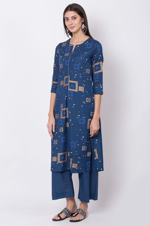 Indigo Cotton Flax Straight Printed Kurta image number 2