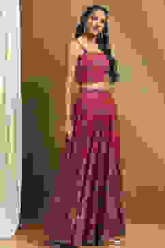 Red Satin Printed Lightweight Lehenga Set image number 5