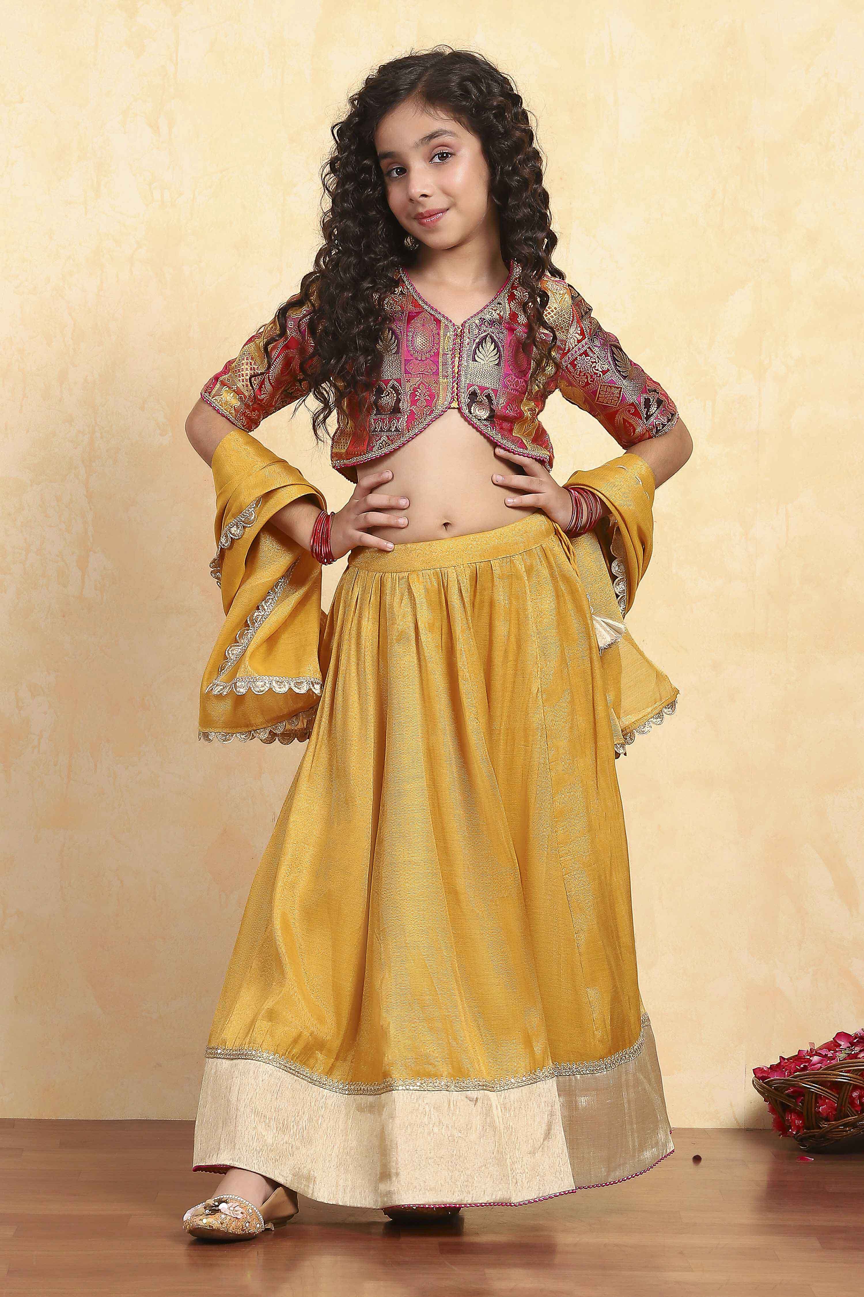 Mustard Yellow Polyester Gathered Lehenga Set image number 0