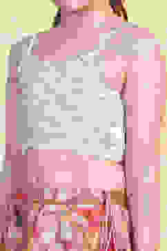 Off-White and Pink Printed Flared Lehenga Set image number 1