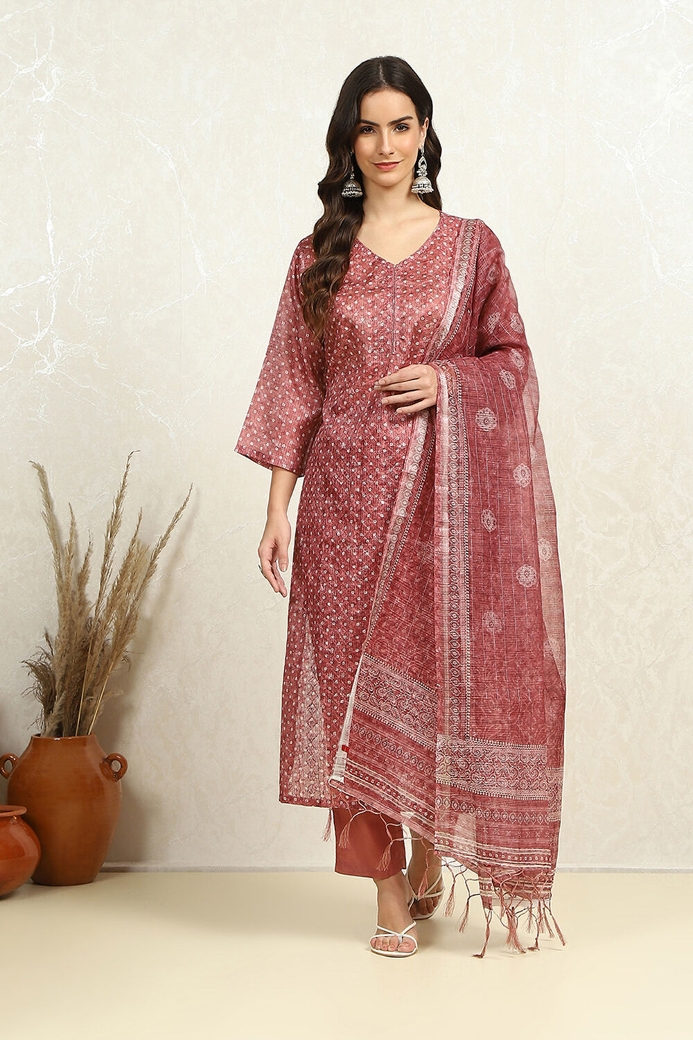 Maroon Cotton Printed Unstitched Suit Set image number 7