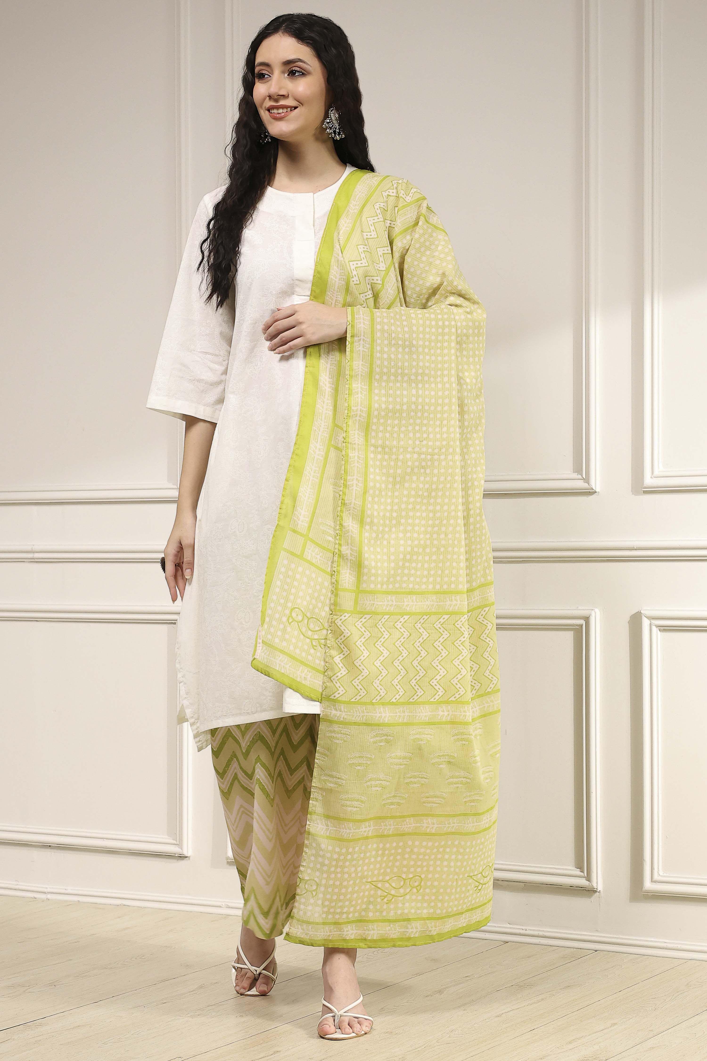 Blue and White Cotton Straight Suit Set image number 5