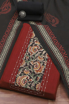 Red Cotton Hand Block Print Unstitched Suit Set image number 0