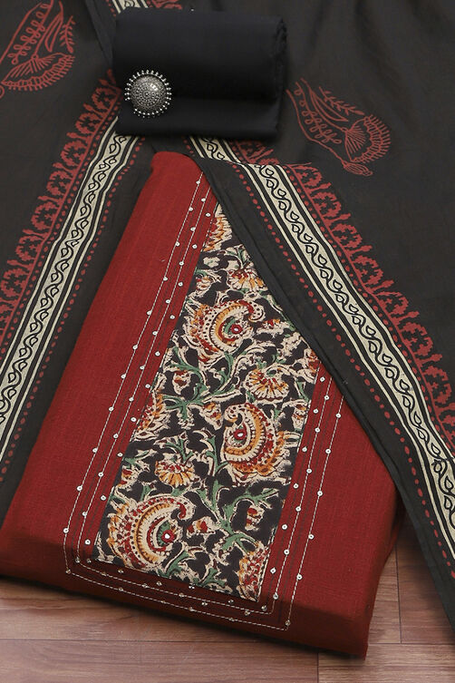 Red Cotton Hand Block Print Unstitched Suit Set image number 0