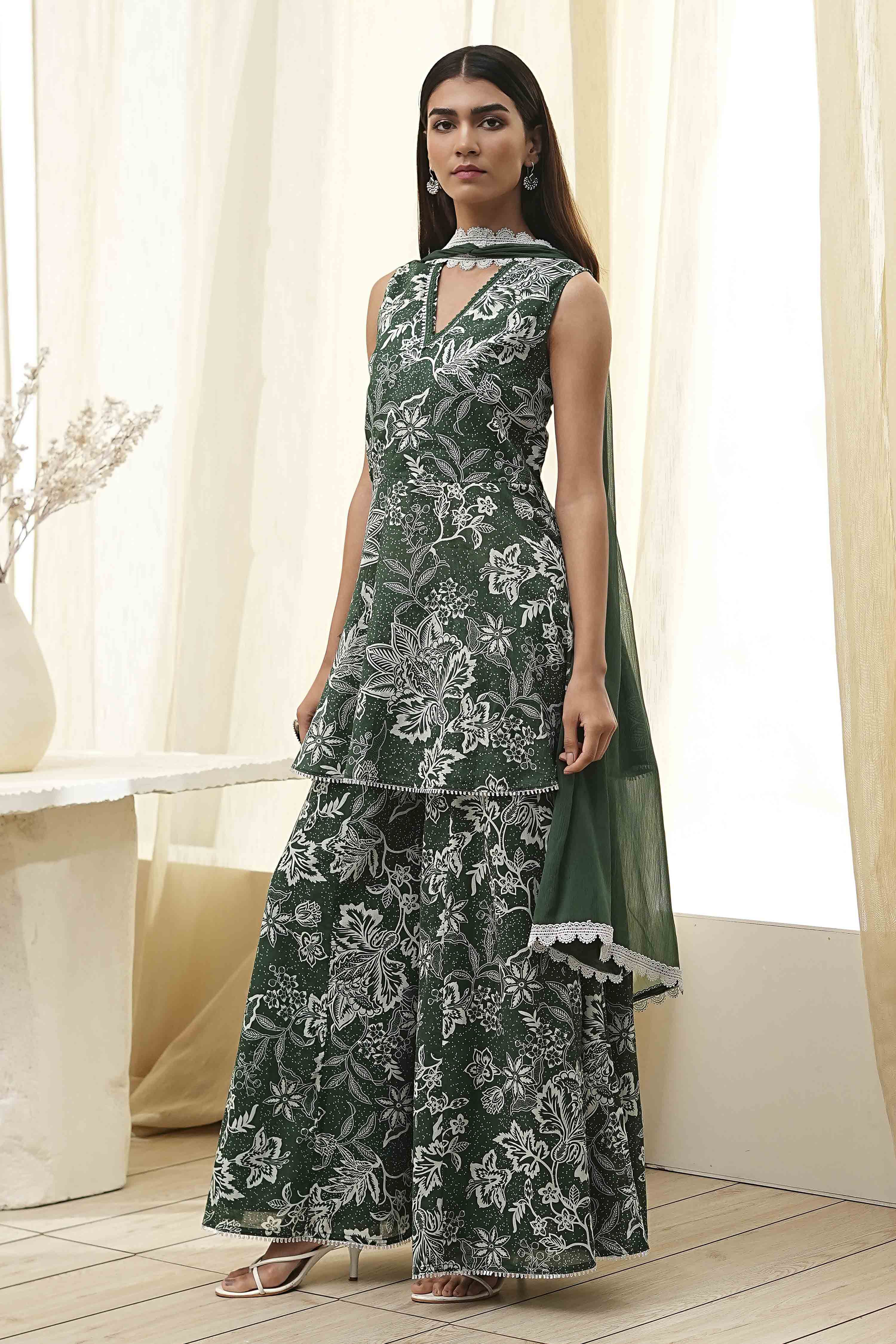 Green Cotton Floral Peplum Suit Set image number 3