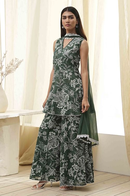 Green Cotton Floral Peplum Suit Set image number 3