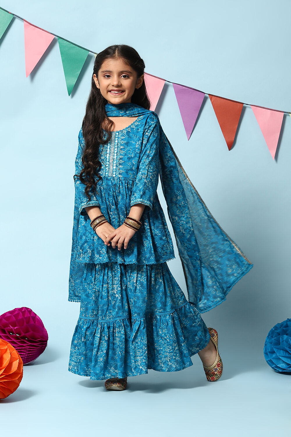 Teal Blue Cotton Flared Printed Kurta Garara Suit Set image number 5