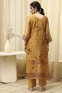 Yellow Chanderi Printed Embroidered Unstitched Suit Set image number 5