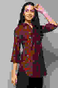 Burnt Orange Poly Viscose Straight Printed Top image number 3