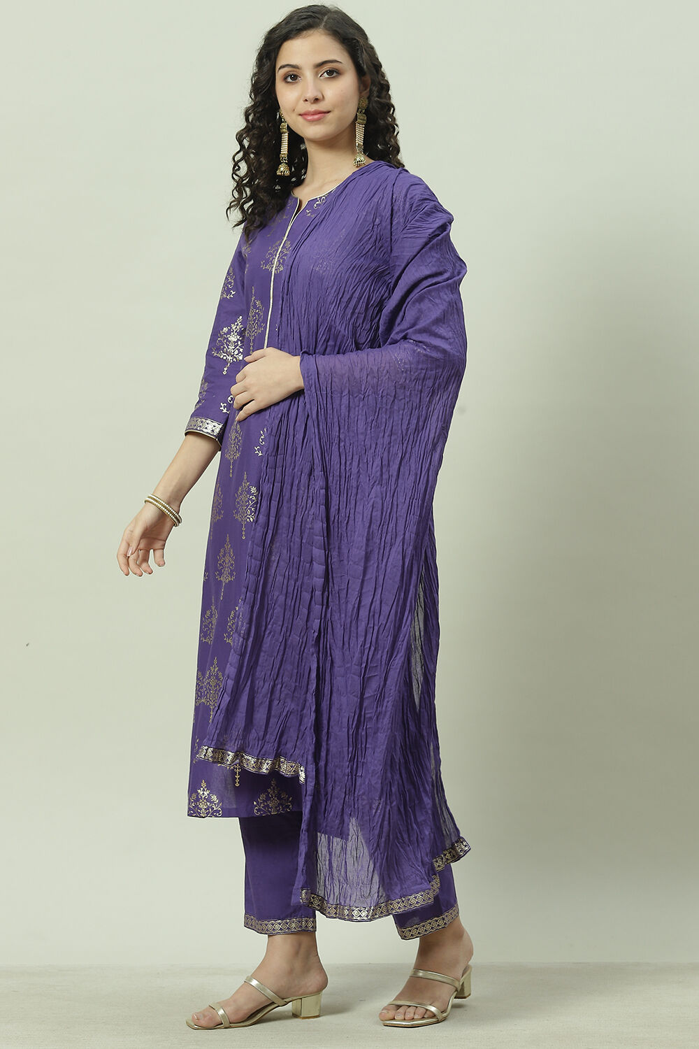 Magenta Floral Foil Printed Straight Suit Set image number 0