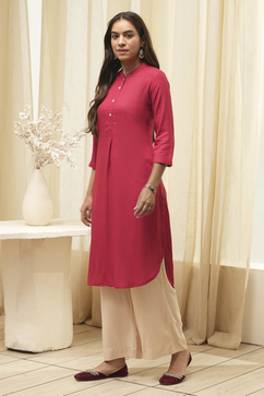 Cherry Red Rayon Straight Kurta Palazzo Suit Set image number 3