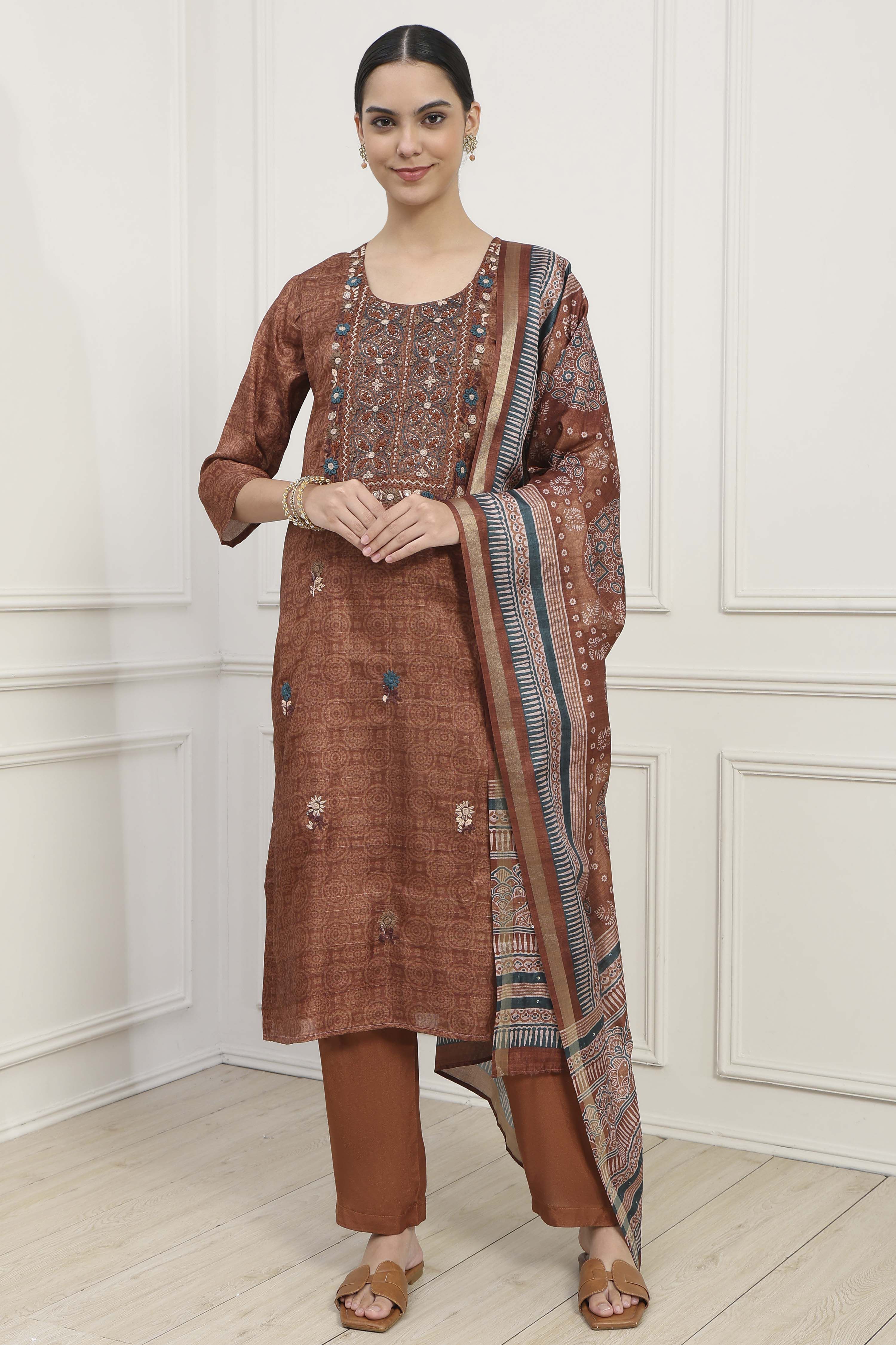 Mustard Silk Tussar Hand Embroidered Unstitched Suit Set image number 1