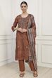 Mustard Silk Tussar Hand Embroidered Unstitched Suit Set image number 1