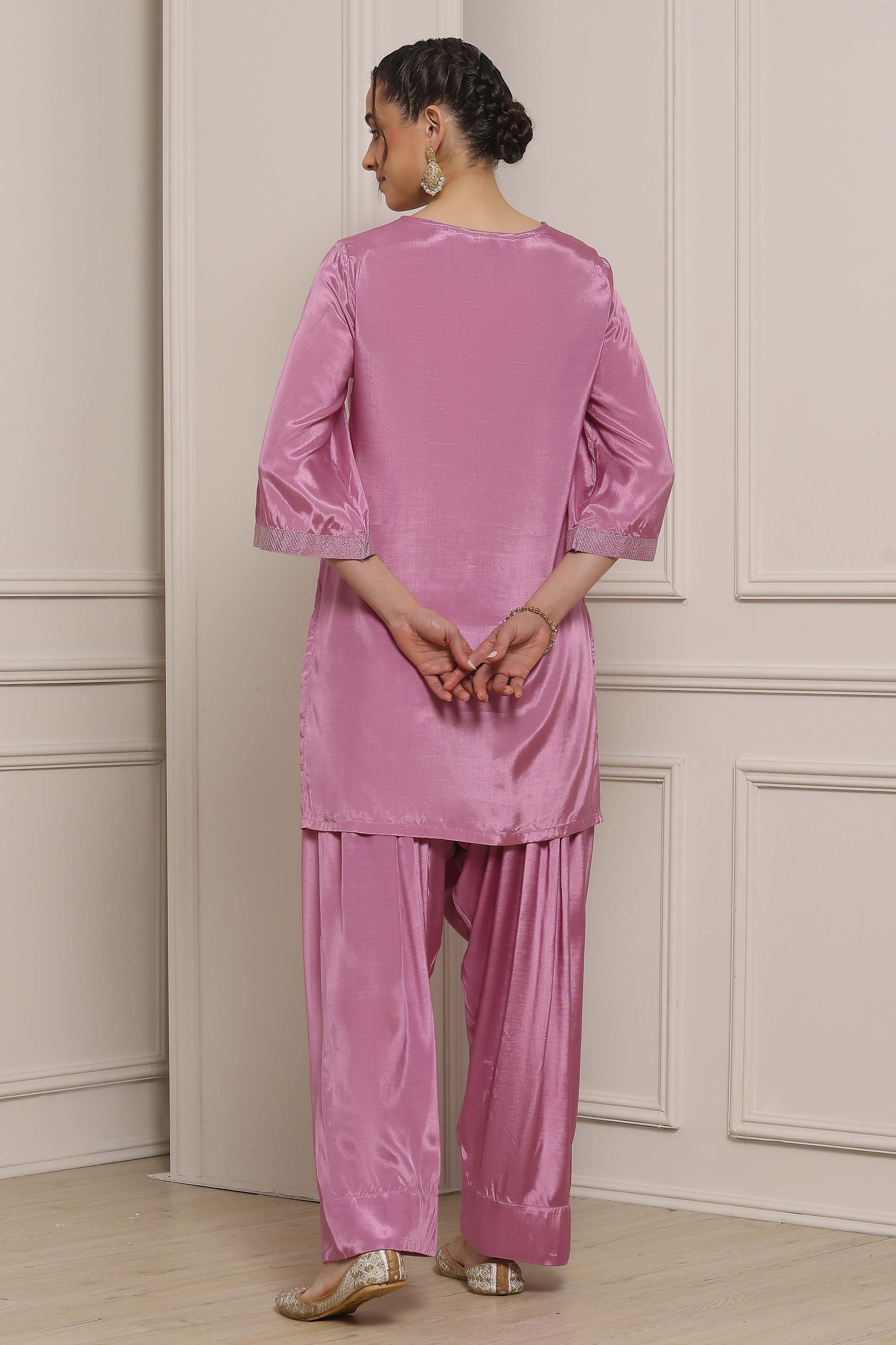Pink Viscose Shantoon Embroidered Straight Suit Set image number 4
