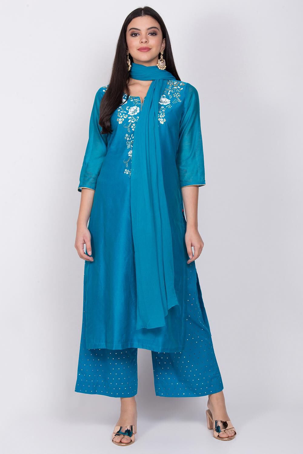 Blue Straight Kurta Palazzo Suit Set image number 2