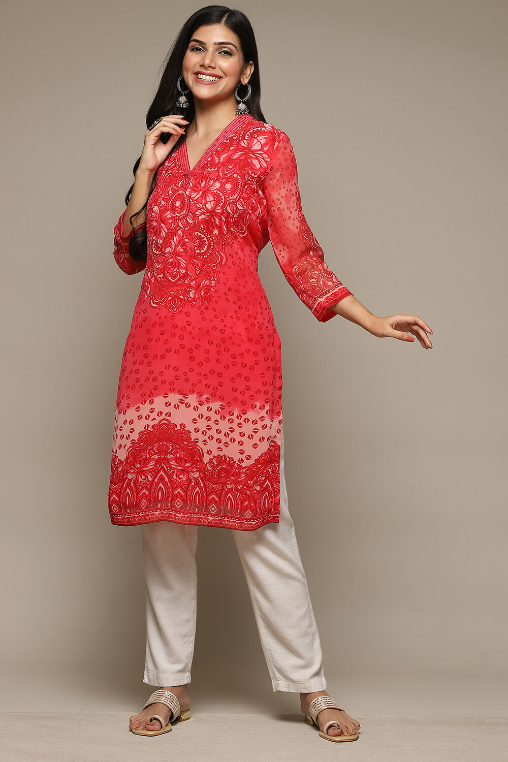 Red Cotton Blend Straight Printed Kurta image number 0
