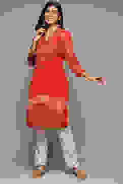 Red Cotton Blend Straight Printed Kurta image number 0