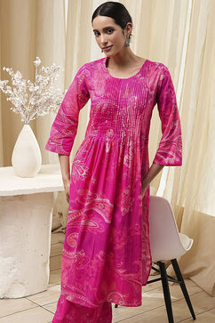 Pink Cotton Printed Pleated Kurta Set image number 7