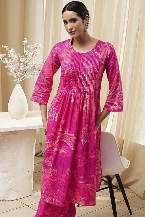 Pink Cotton Printed Pleated Kurta Set image number 7
