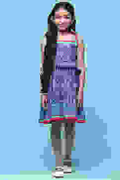 Blue Mosaic Printed Cotton Shoulder Tie Up Dress image number 5