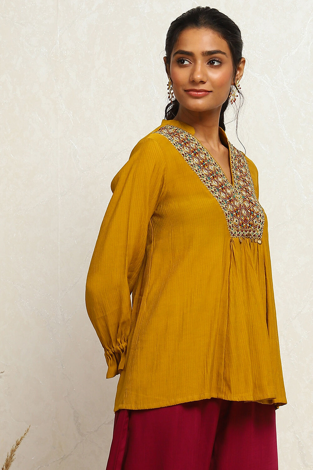 Mustard Yellow Embroidered A-Line Kurti image number 4
