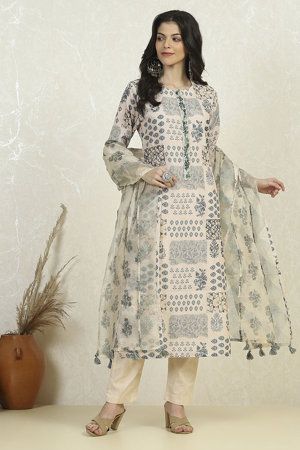 White Blue Cotton Digital Print Unstitched Suit Set image number 1
