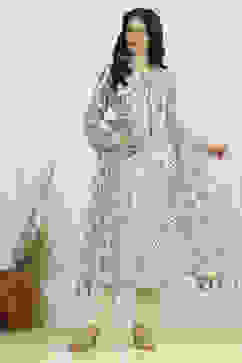 White Blue Cotton Digital Print Unstitched Suit Set image number 1