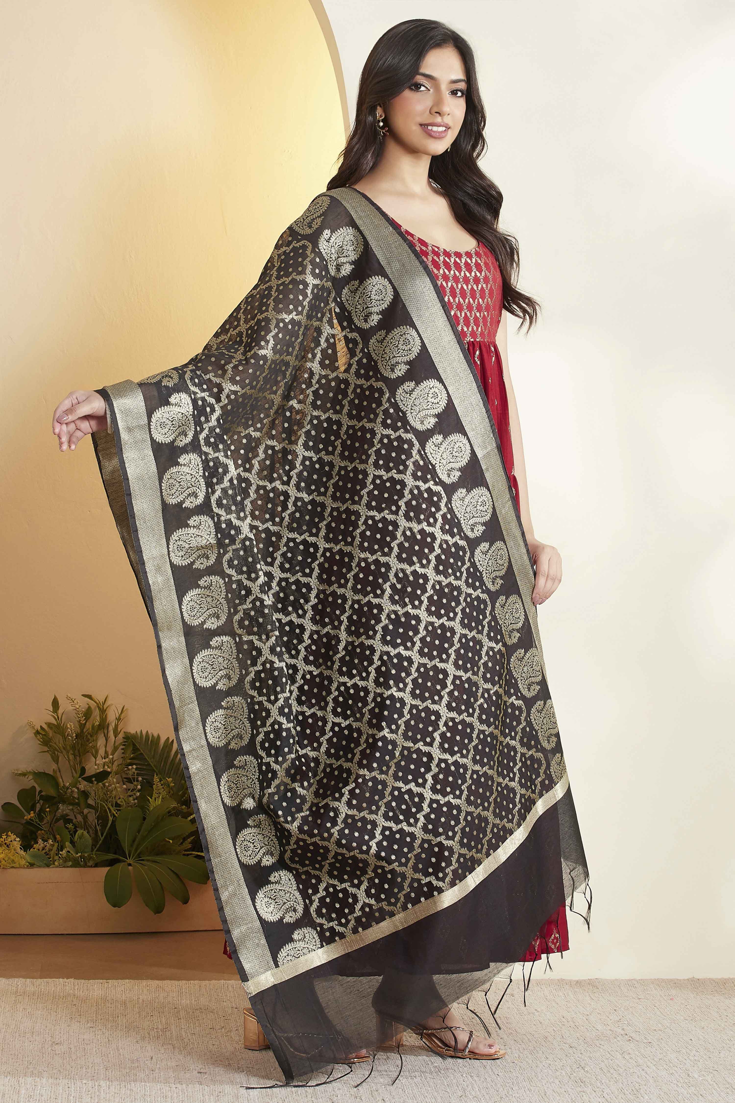 Black Poly Woven Design Dupatta image number 4